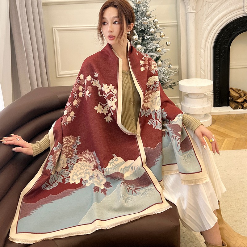 Cashmere Pashmina Wrap - ファッション冬の新暖かいカシミヤショールスカーフ女性のための花柄パシュミナ厚いスカーフラップ女性ポンチョエシャルプバンダナ