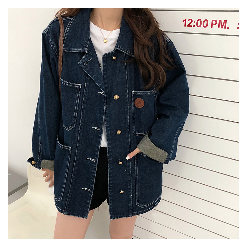 Down Jacket Packable - ダークブルーデニムジャケット女性春秋ラペルルーズシングルブレストコート韓国スタイルカジュアルアウタートップス