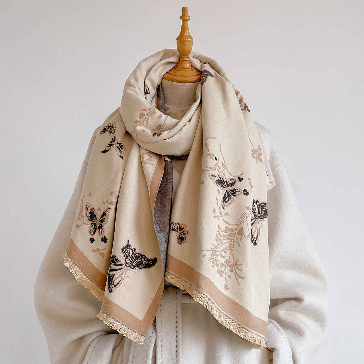 女性用イミテーションカシミヤスカーフ フリンジ付き 厚手 暖 - Cashmere Pashmina Wrap のレビューと価格