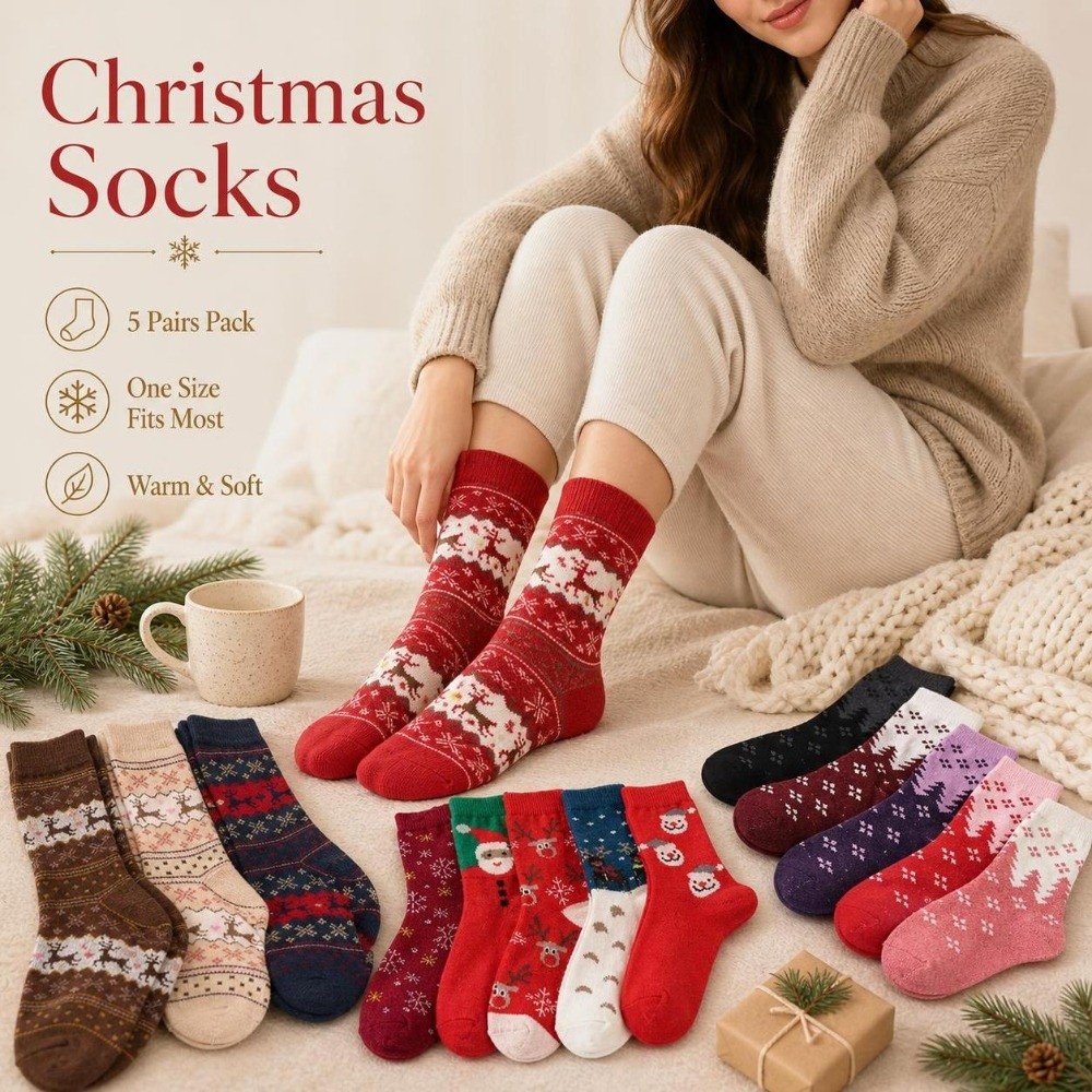 5足組 厚手クリスマス鹿柄ソックス 柔らかく快適な鹿柄ニット - Thermal Sock Wool のレビューと価格