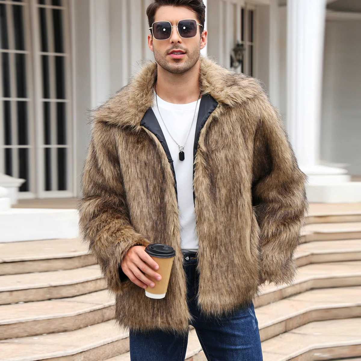 男性フェイクフォックスファージャケットコート冬厚いふわふわ長 - Down Jacket Packable のレビューと価格