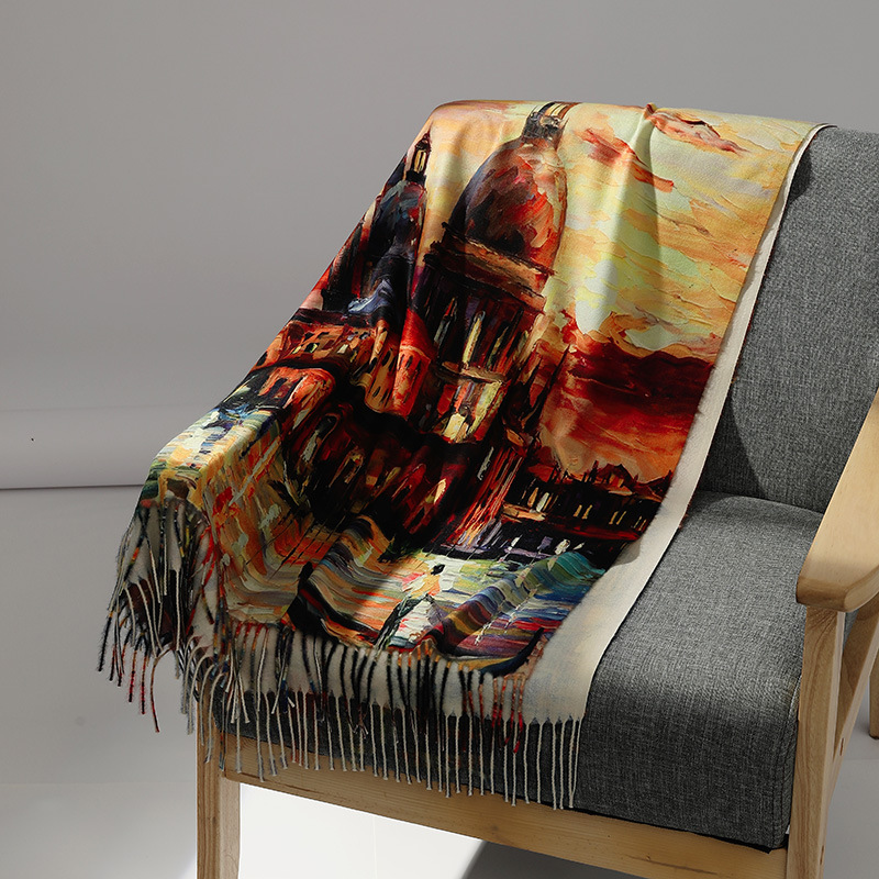 高級ブランド油絵カシミヤスカーフ女性のための暖かい冬パシュミ - Wool Scarf Men のレビューと価格